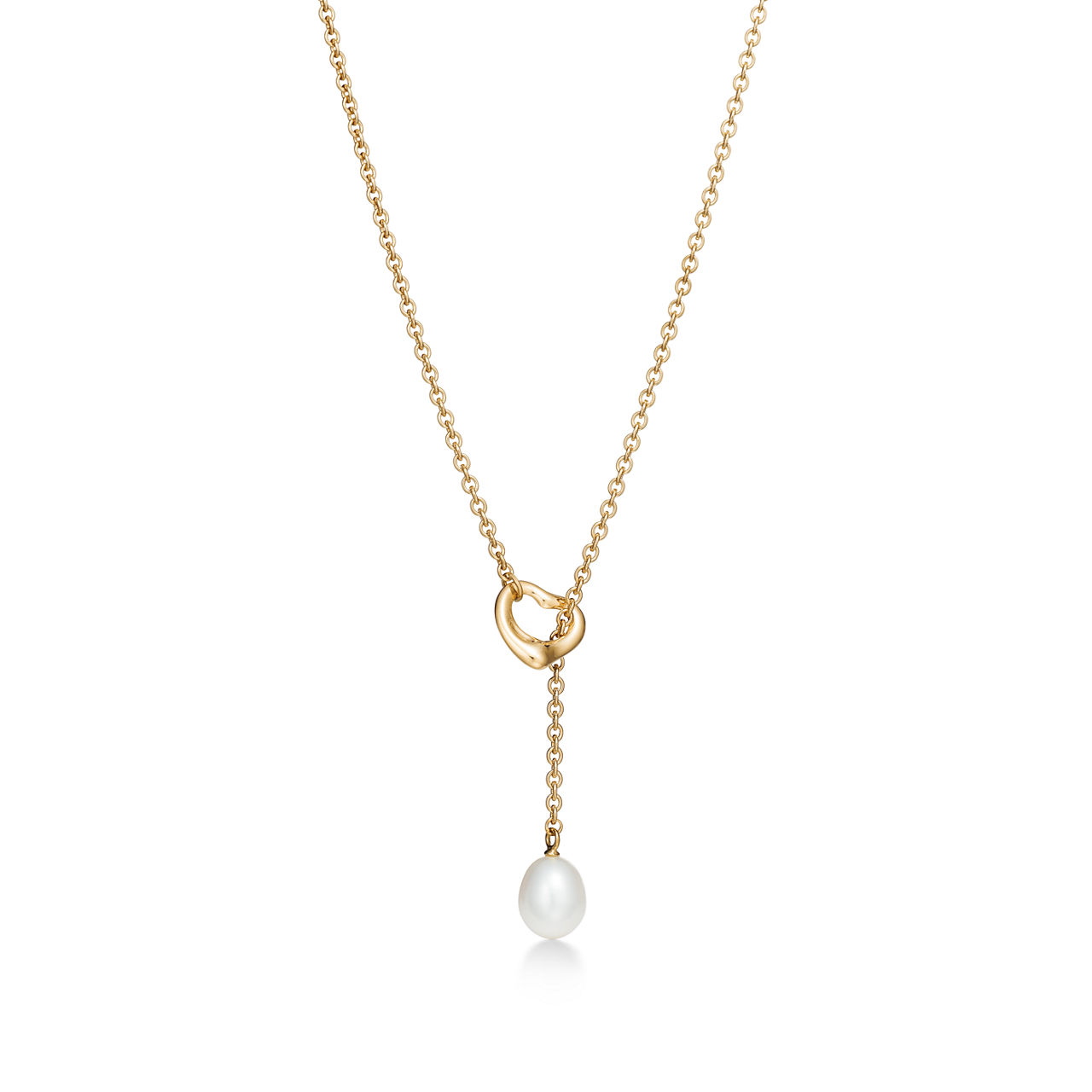 Open Heart Lariat Necklace in Yellow Gold with Pearls, 7.5-8 mm