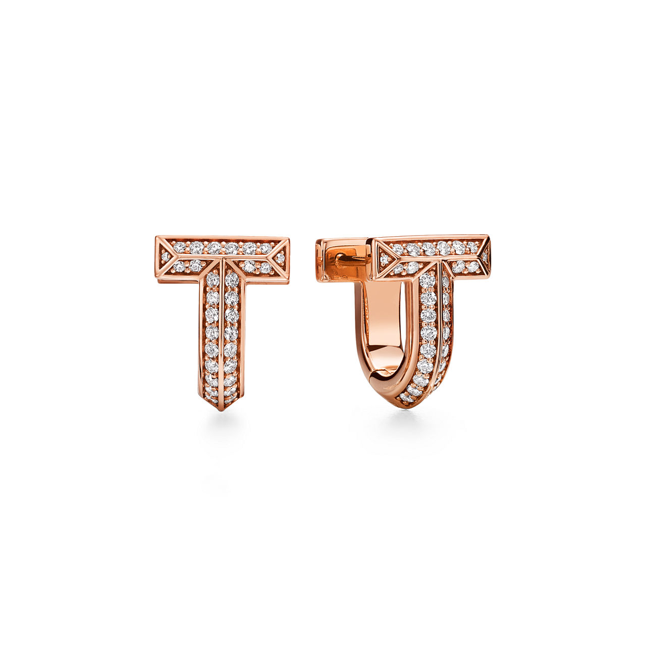 T1 Half Pav&eacute; Diamond Huggie Earrings in Rose Gold