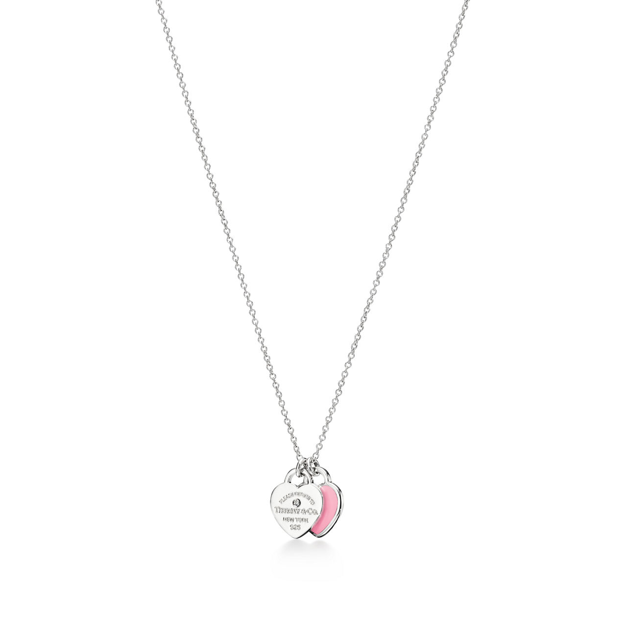 Pink Double Heart Tag Pendant in Silver with a Diamond, Mini