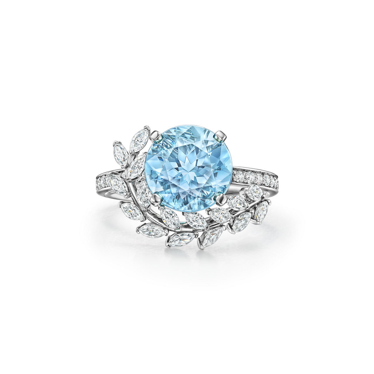 Vine Ring in Platinum with an Aquamarine and Diamonds