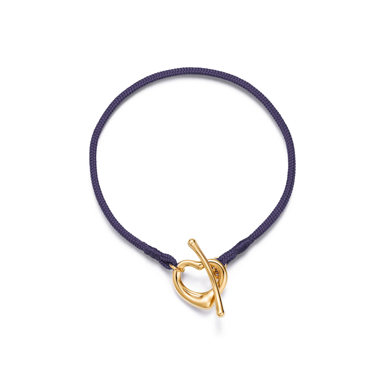 Open Heart Bracelet in Yellow Gold on a Purple Silk Cord