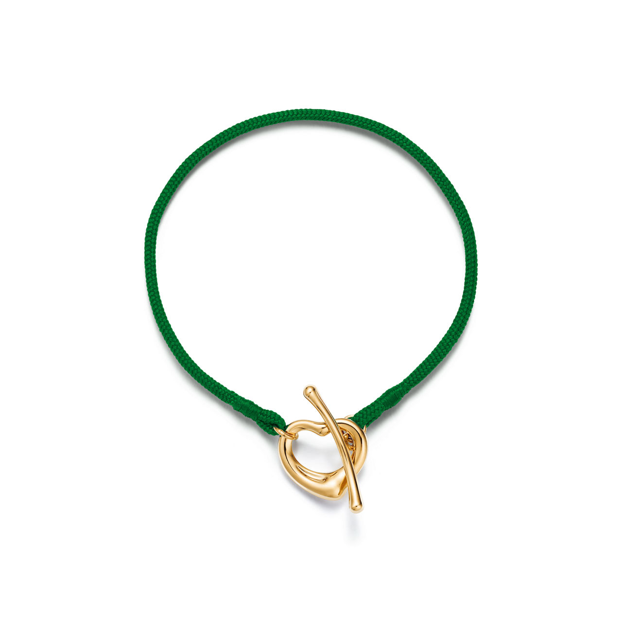Open Heart Bracelet in Yellow Gold on a Green Silk Cord