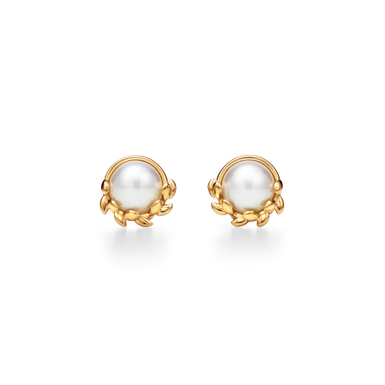Olive Leaf Stud Earrings in Yellow Gold with Pearls