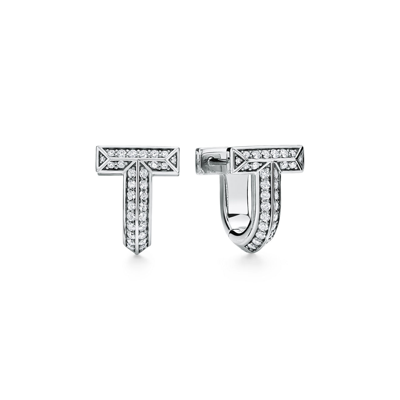 T1 Half Pav&eacute; Diamond Huggie Earrings in White Gold