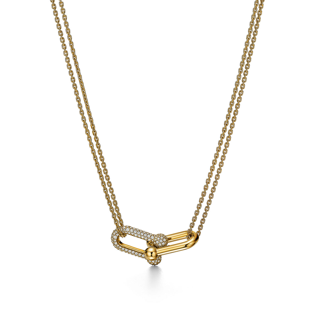 Large Double Link Pendant in Yellow Gold with Pav&eacute; Diamonds