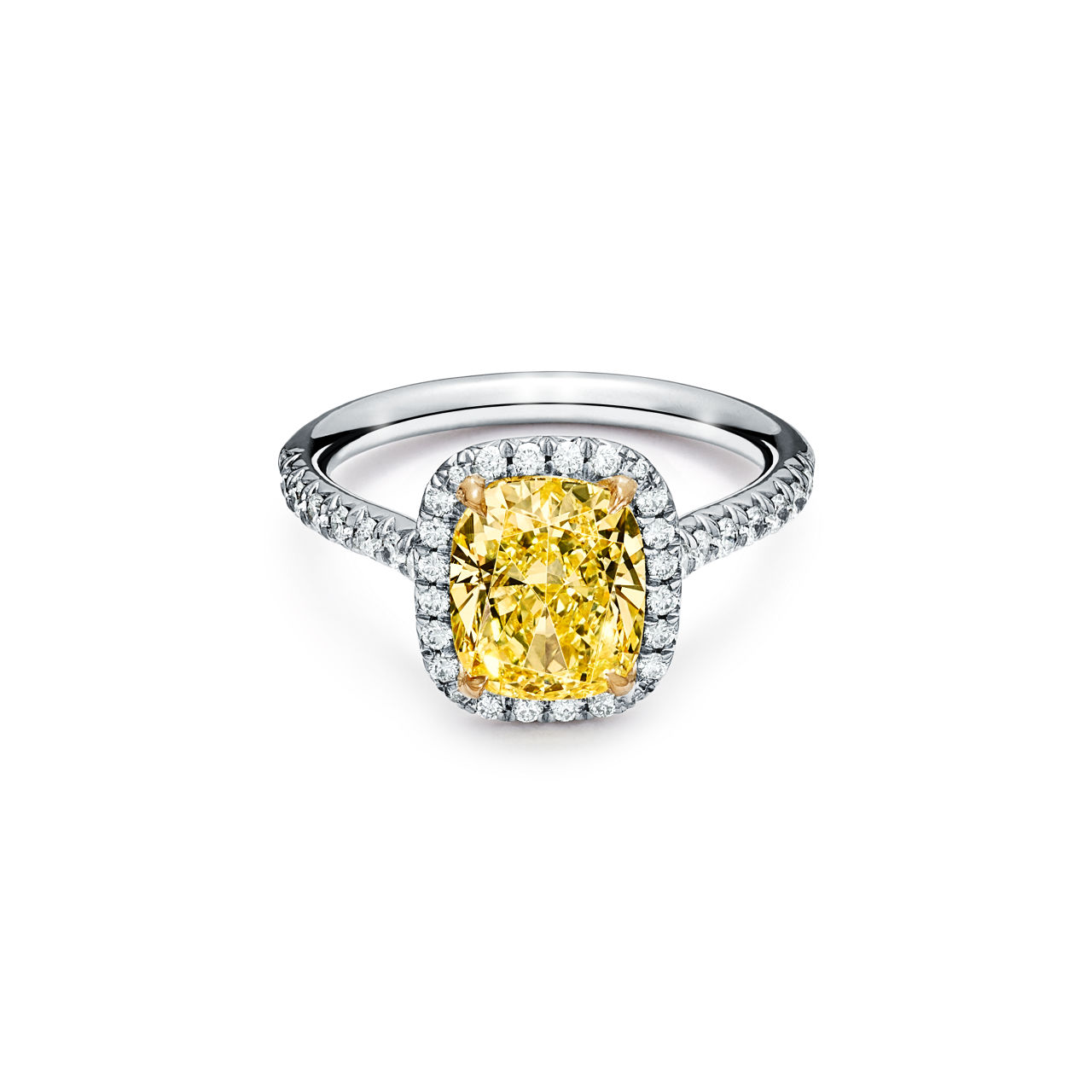 Cushion-cut Halo Engagement Ring with a Diamond Platinum Band