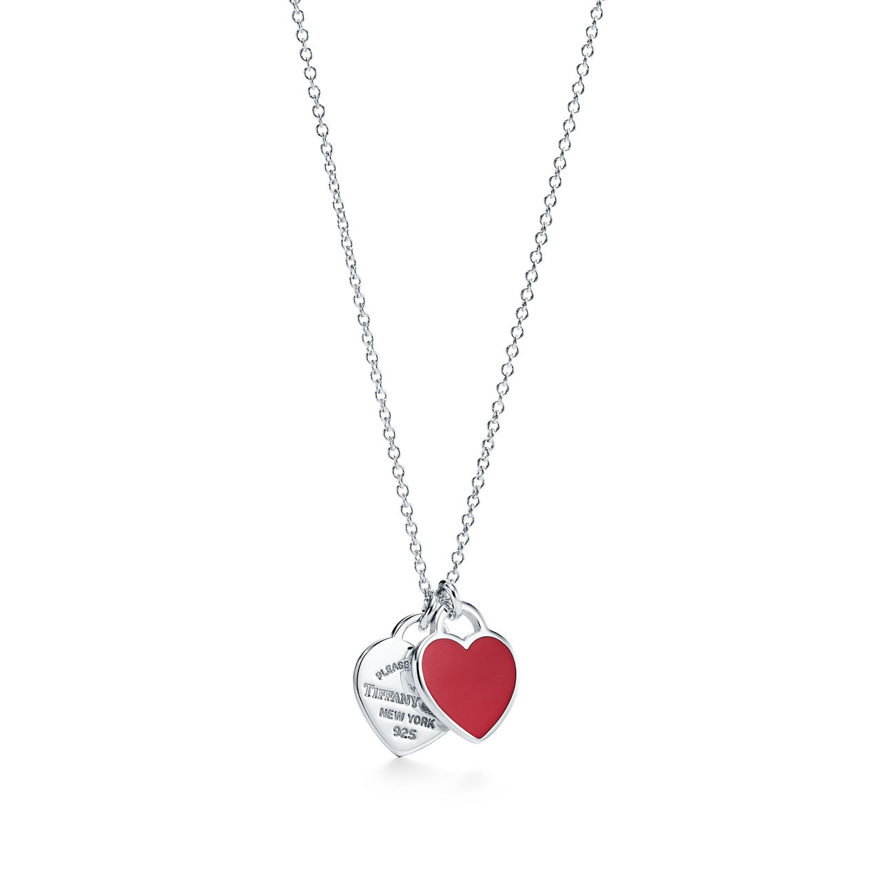 Red Double Heart Tag Pendant in Silver, Mini