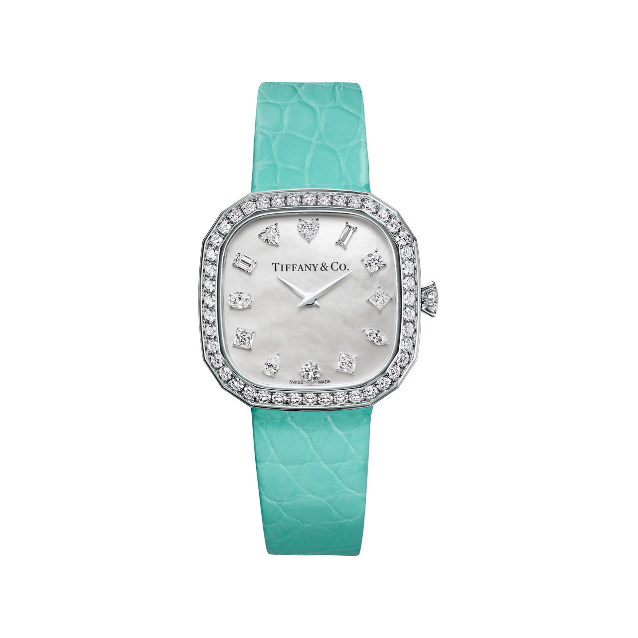 28 mm Cushion-shaped Watch in White Gold with Diamonds and a Mother-of-pearl Dial