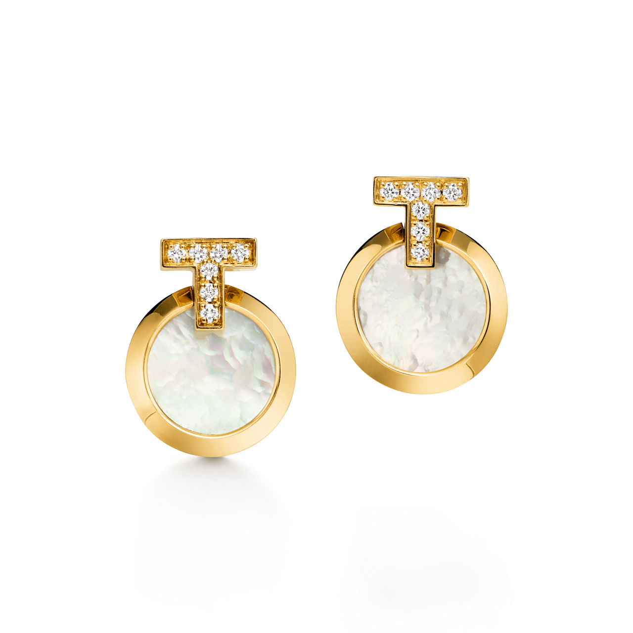 T1 Circle Earrings in Yellow Gold with Mother-of-pearl and Diamonds