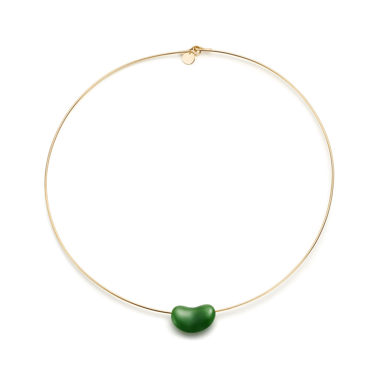 Bean design Wire Necklace in Yellow Gold with Green Nephrite Jade