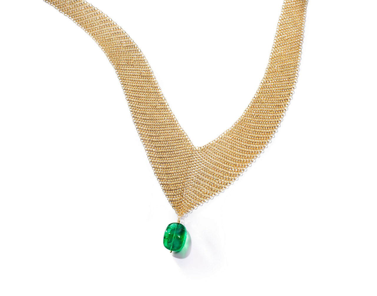 Mesh Bib Necklace in 18k Gold with a Tumbled Emerald Bead