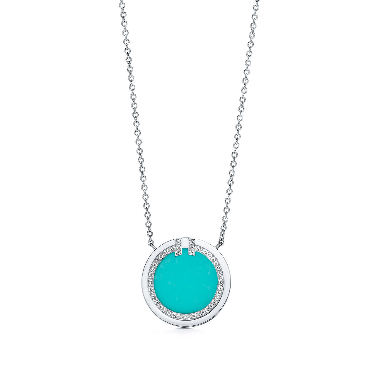 Diamond and Turquoise Circle Pendant in White Gold