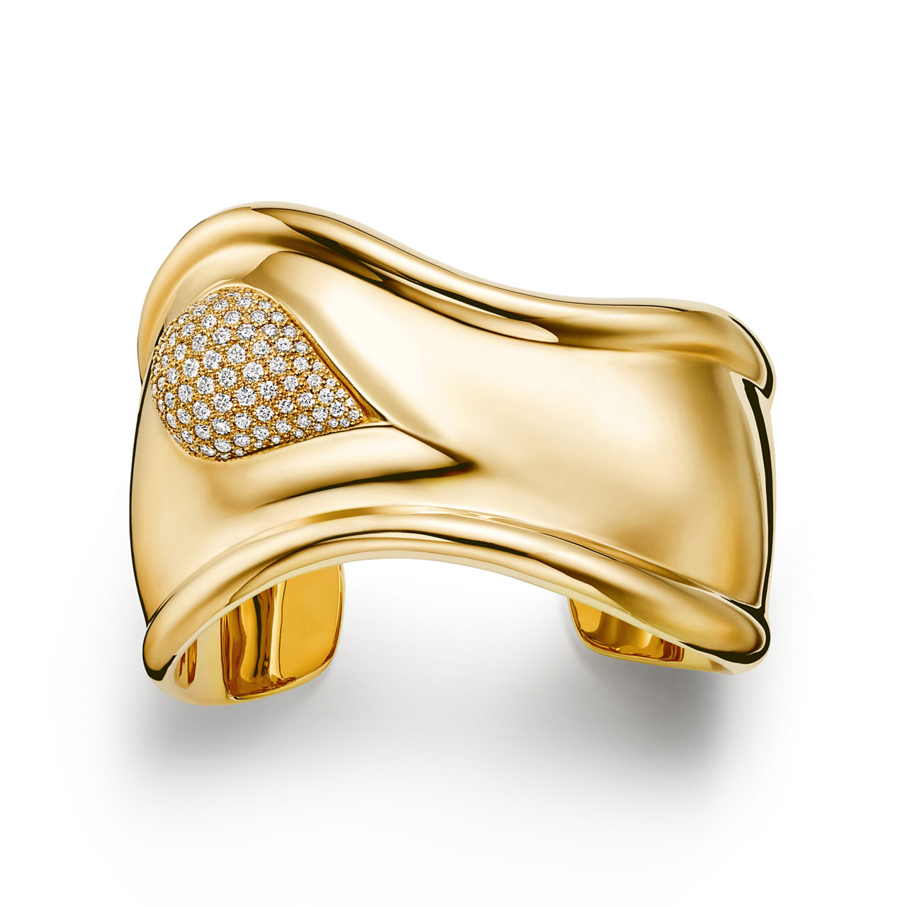 Bone Cuff in Yellow Gold with Pav&eacute; Diamonds, 43 mm Wide