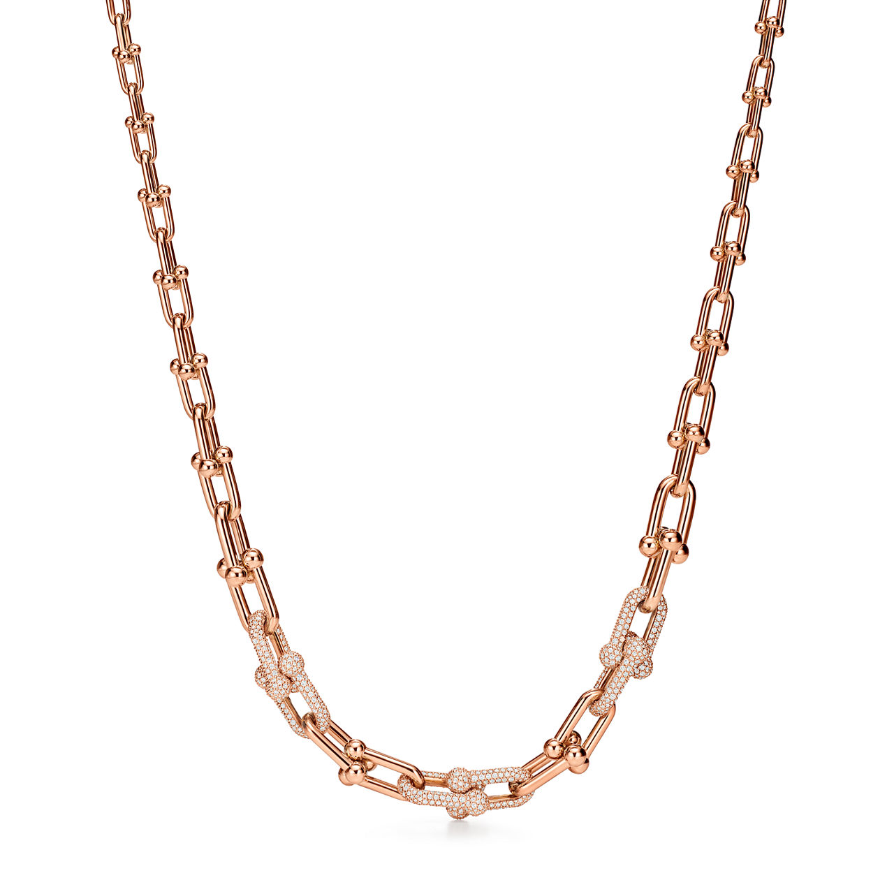 Graduated Link Necklace in 18k Rose Gold with Pav&eacute; Diamonds