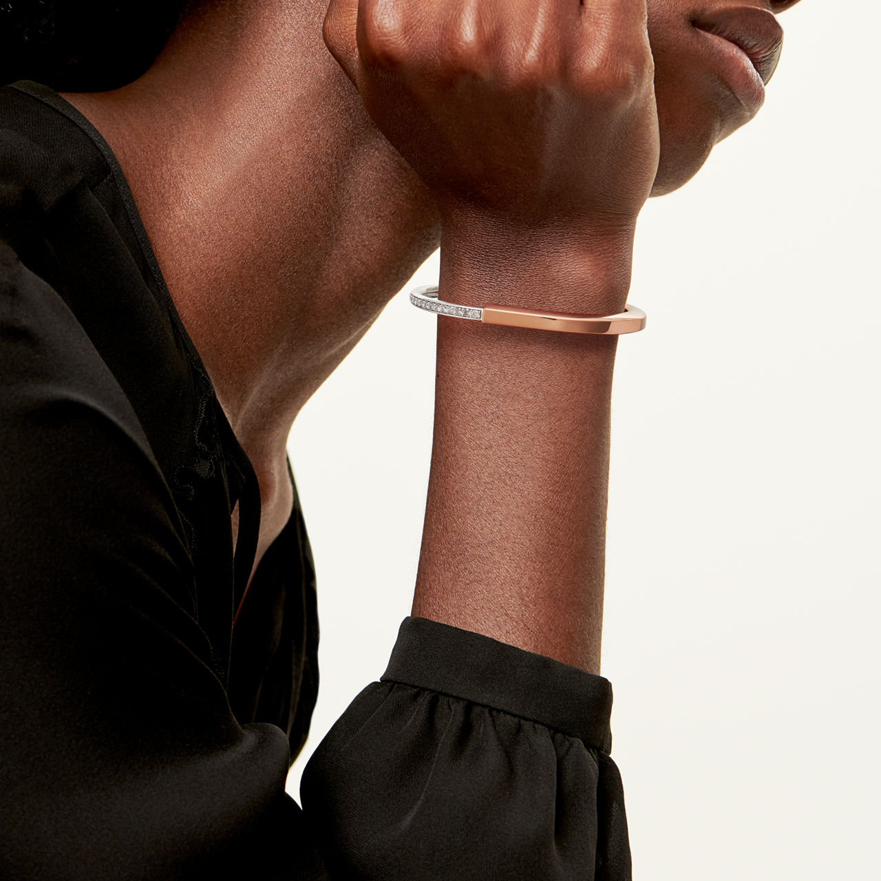 Anjeya Lock:Bangle in Rose and White Gold with Half Pav&eacute; Diamonds