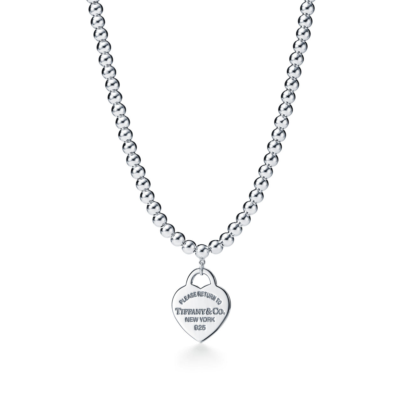 Heart Tag Bead Necklace in Silver