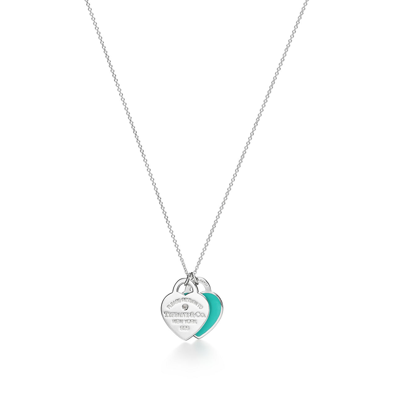 Blue Double Heart Tag Pendant in Silver with a Diamond, Small
