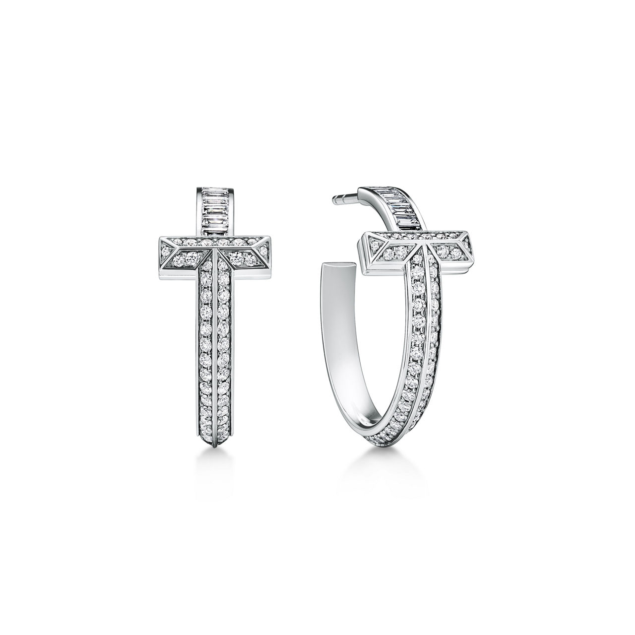 T1 Earrings in White Gold with Baguette and Pav&eacute; Diamonds