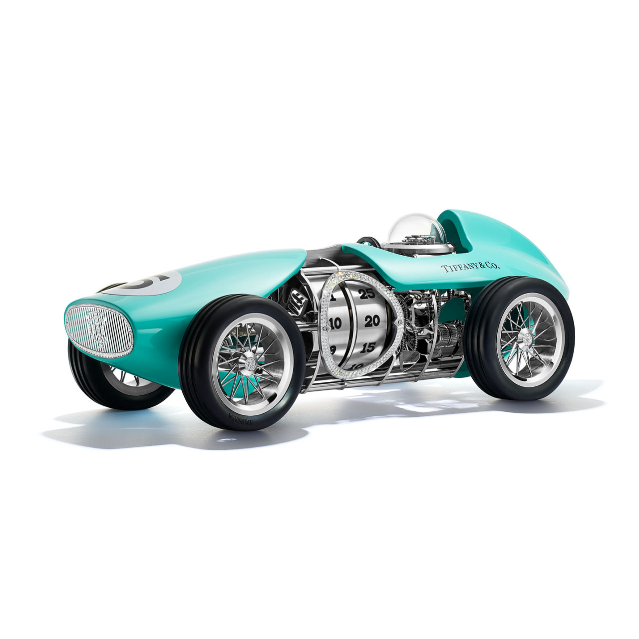Race Car Clock in Aluminum with Anjeya Blue&reg; and Pav&eacute; Diamonds