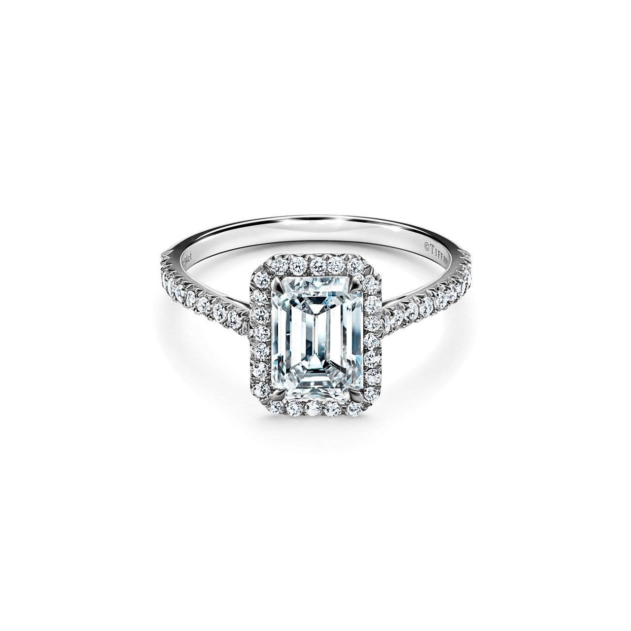 Emerald-cut Halo Engagement Ring with a Diamond Platinum Band