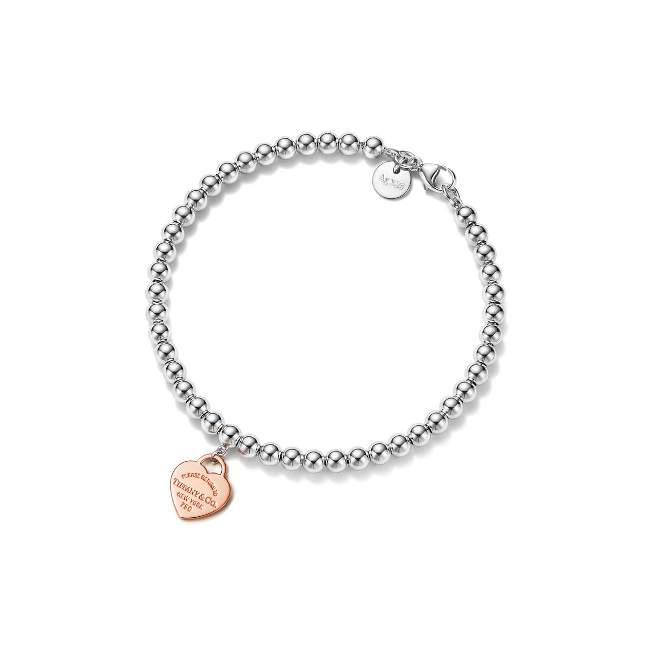 Heart Tag Bead Bracelet in Sterling Silver and Rose Gold, 4 mm
