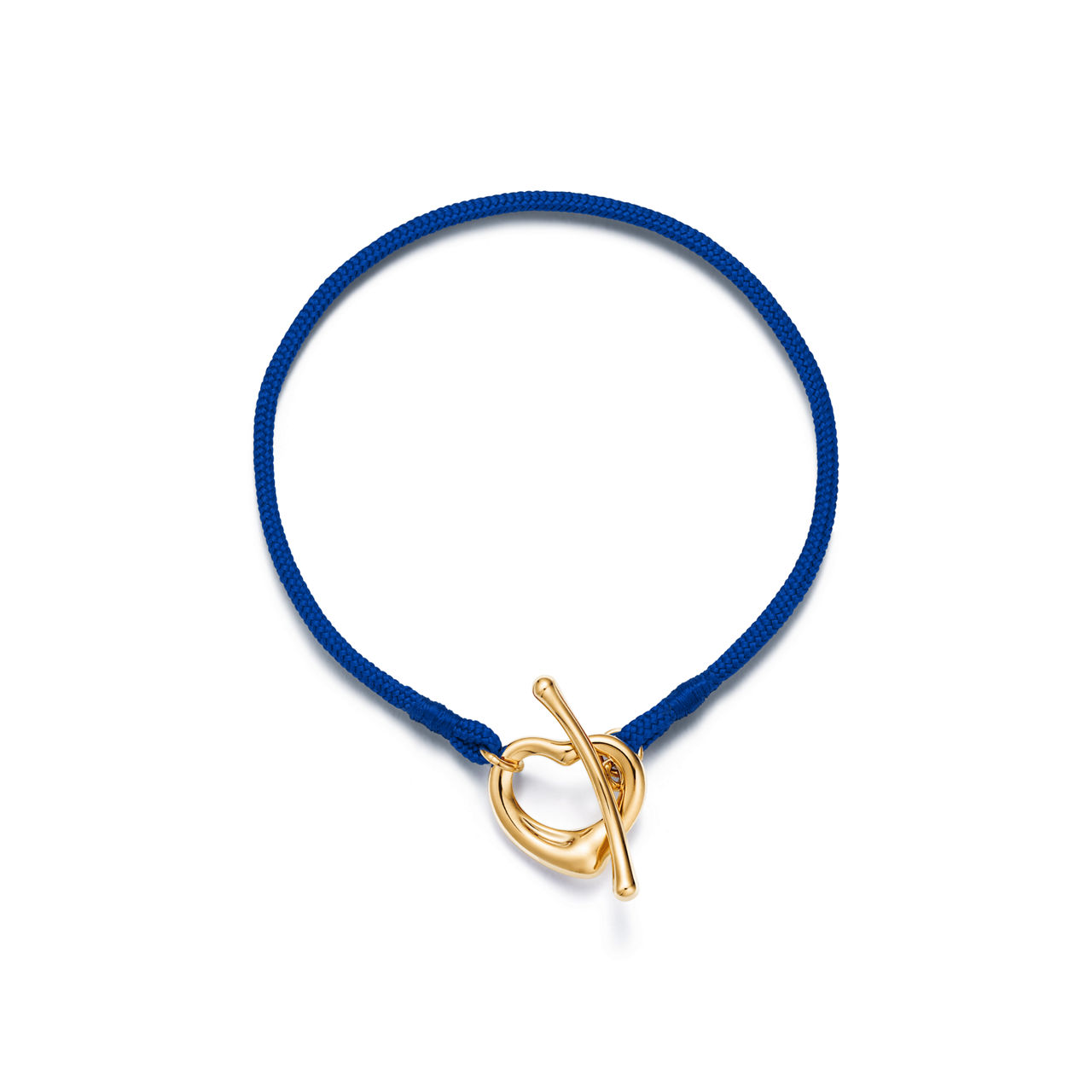Open Heart Bracelet in Yellow Gold on a Cobalt Silk Cord