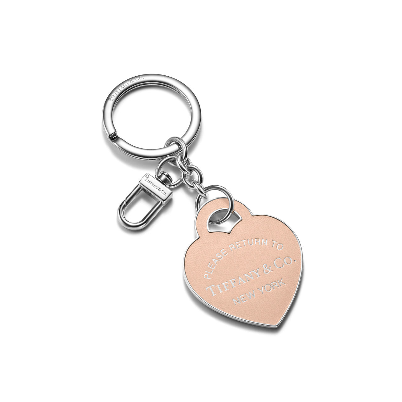 Leather Inlaid Heart Tag Keyring in Palladium-plated Brass