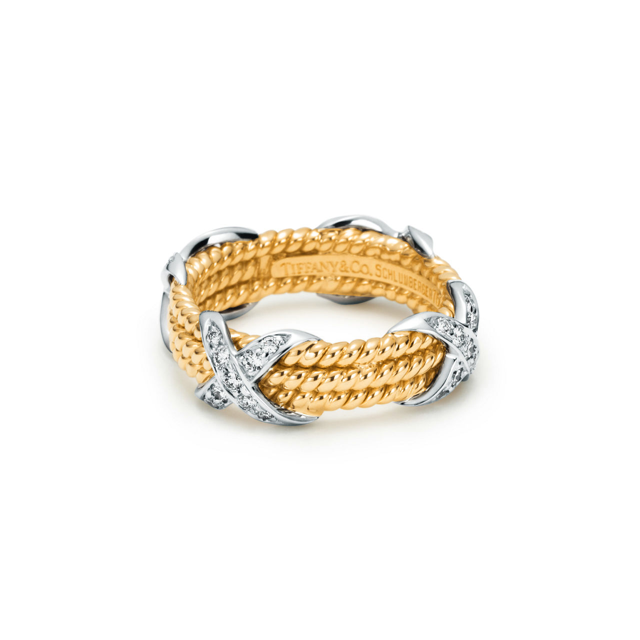 Three-row X Ring in Yellow Gold and Platinum with Diamonds