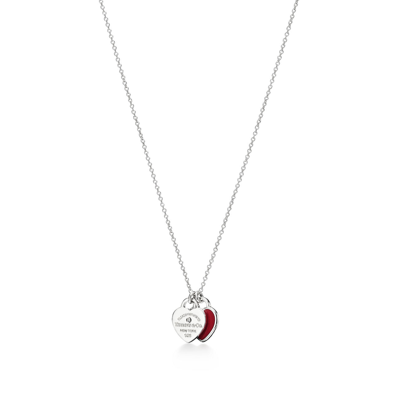 Red Double Heart Tag Pendant in Silver with a Diamond, Mini