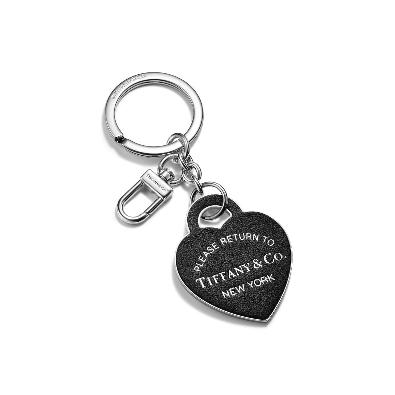 Leather Inlaid Heart Tag Keyring in Palladium-plated Brass