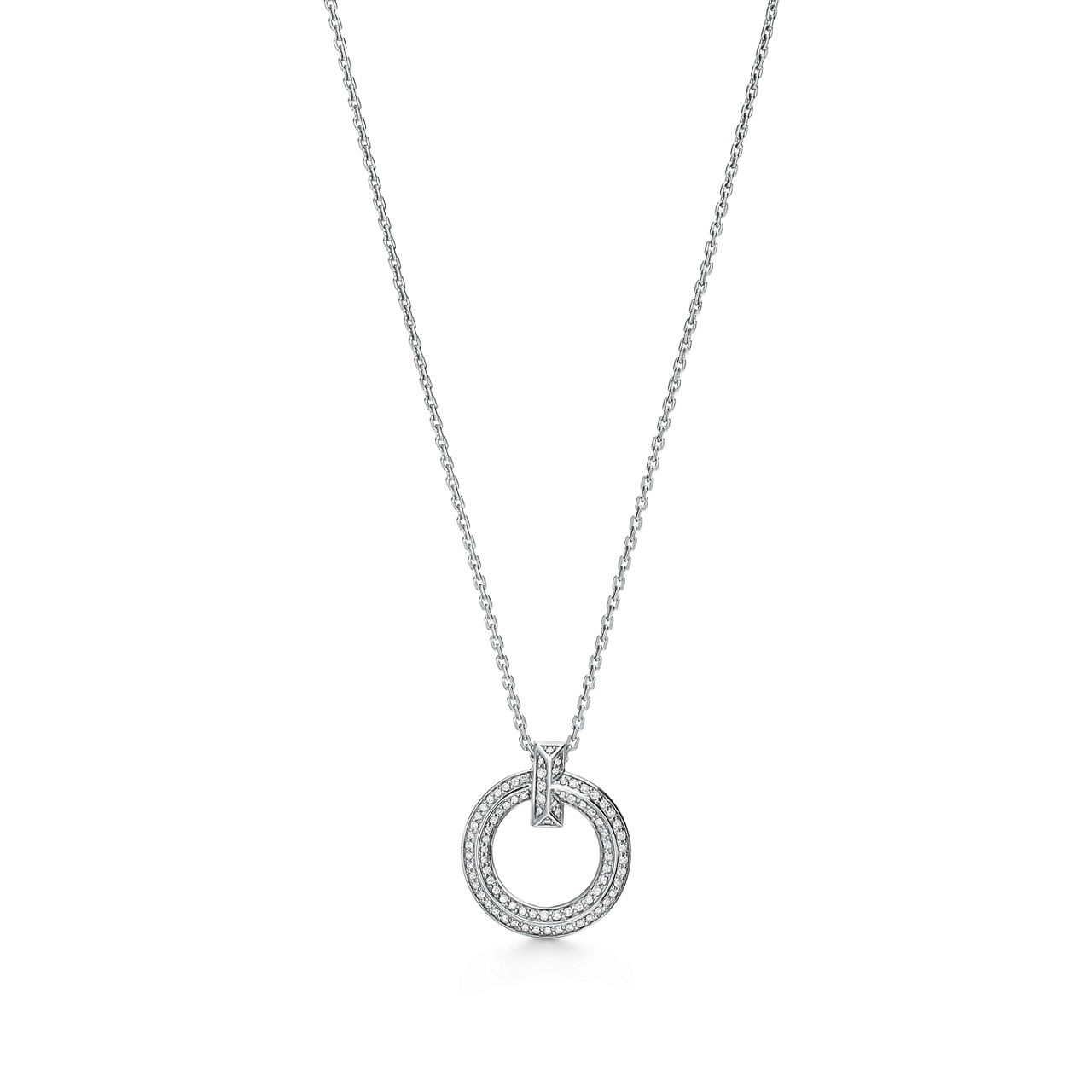 T1 Narrow Circle Pendant in White Gold with Pav&eacute; Diamonds