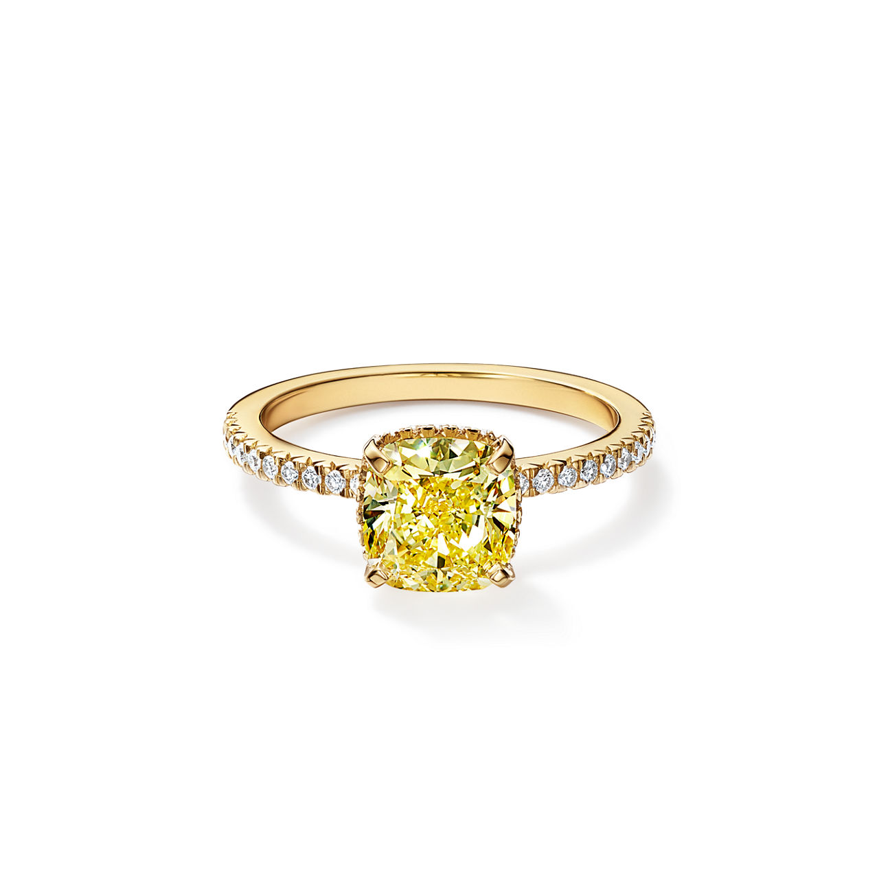 Engagement Ring with a Cushion-cut Yellow Diamond and an 18k Yellow Gold Diamond Band