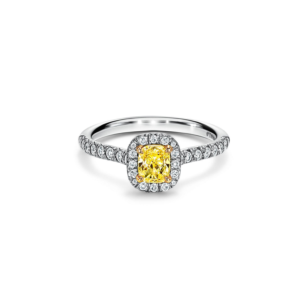 Cushion-cut Halo Engagement Ring with a Diamond Platinum Band