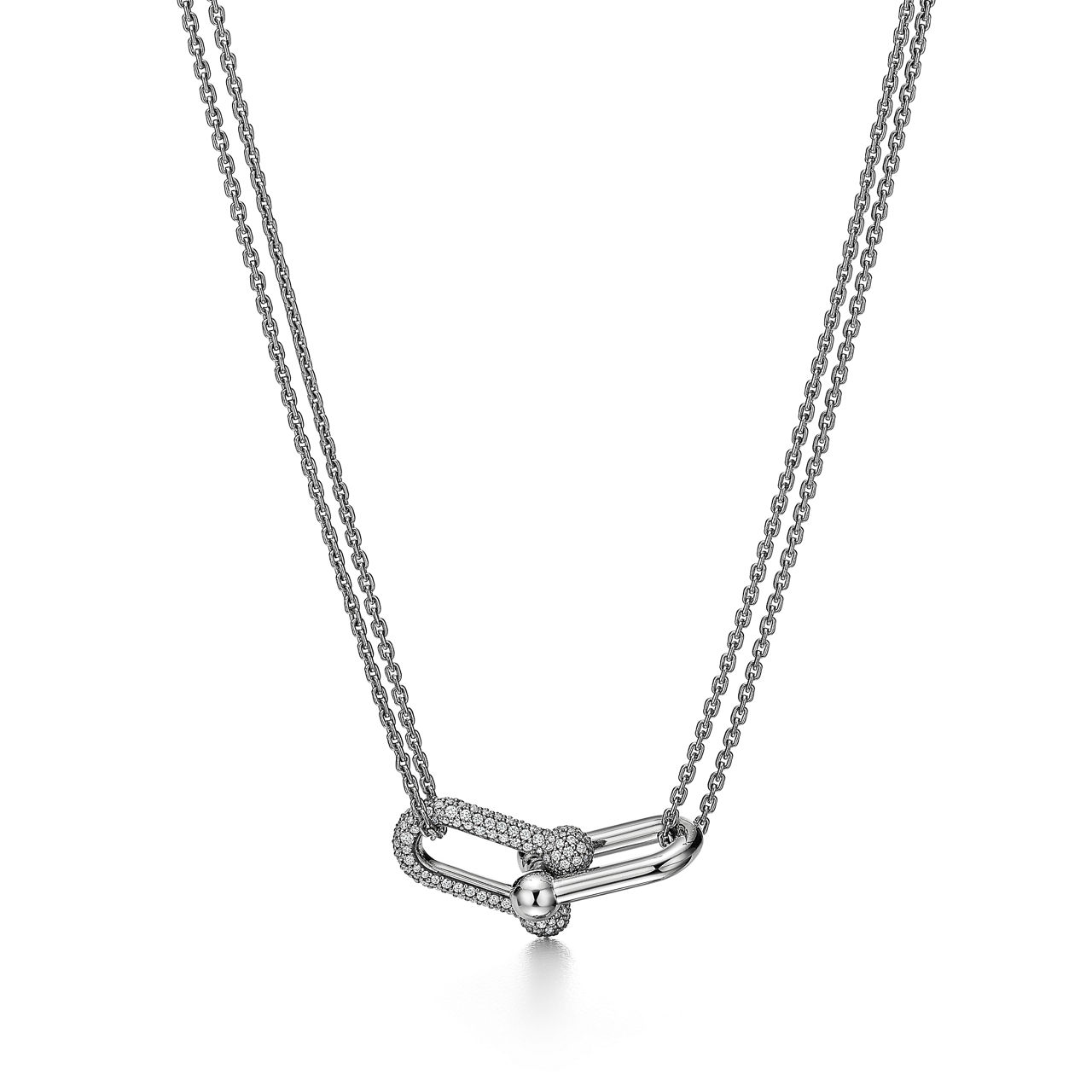 Large Double Link Pendant in White Gold with Pav&eacute; Diamonds