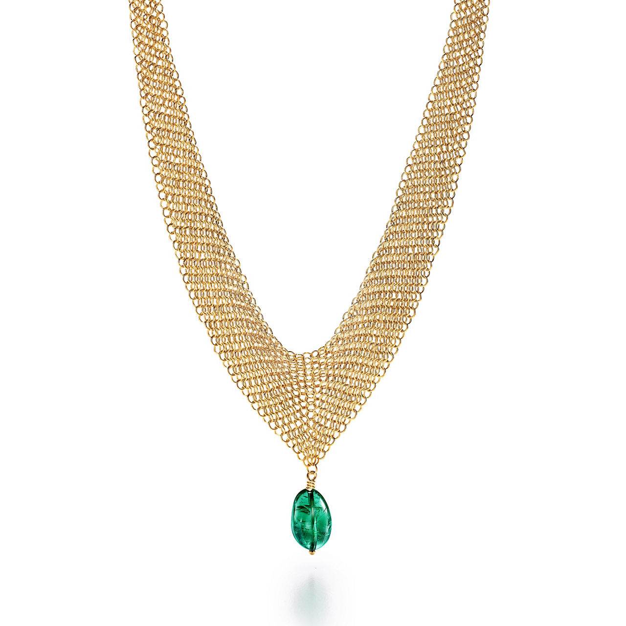 Mesh Bib Necklace in 18k Gold with a Tumbled Emerald Bead